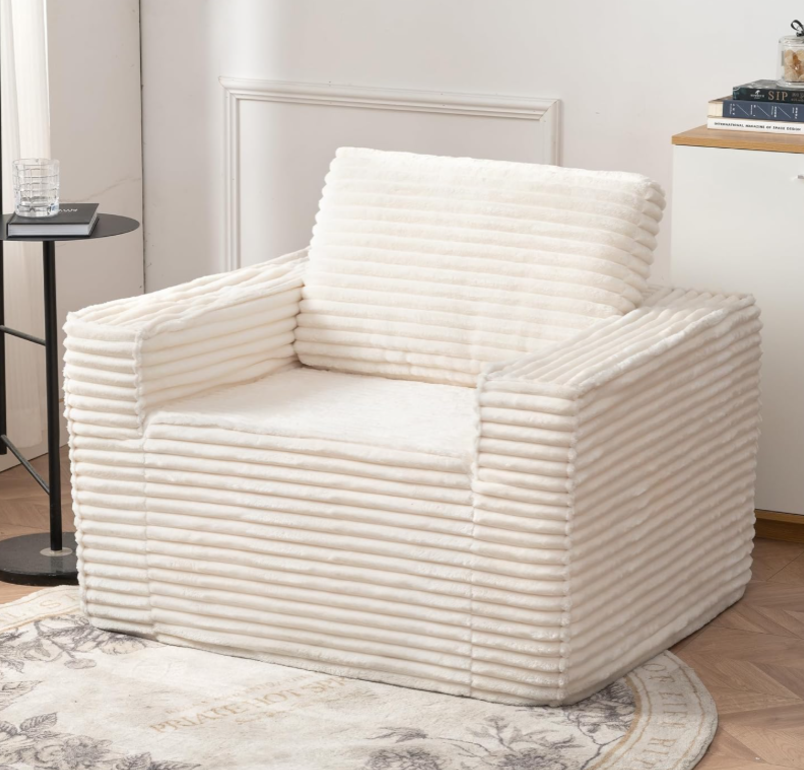 Cream White Vertical Stripe Plush Lounge Chair with Armrests